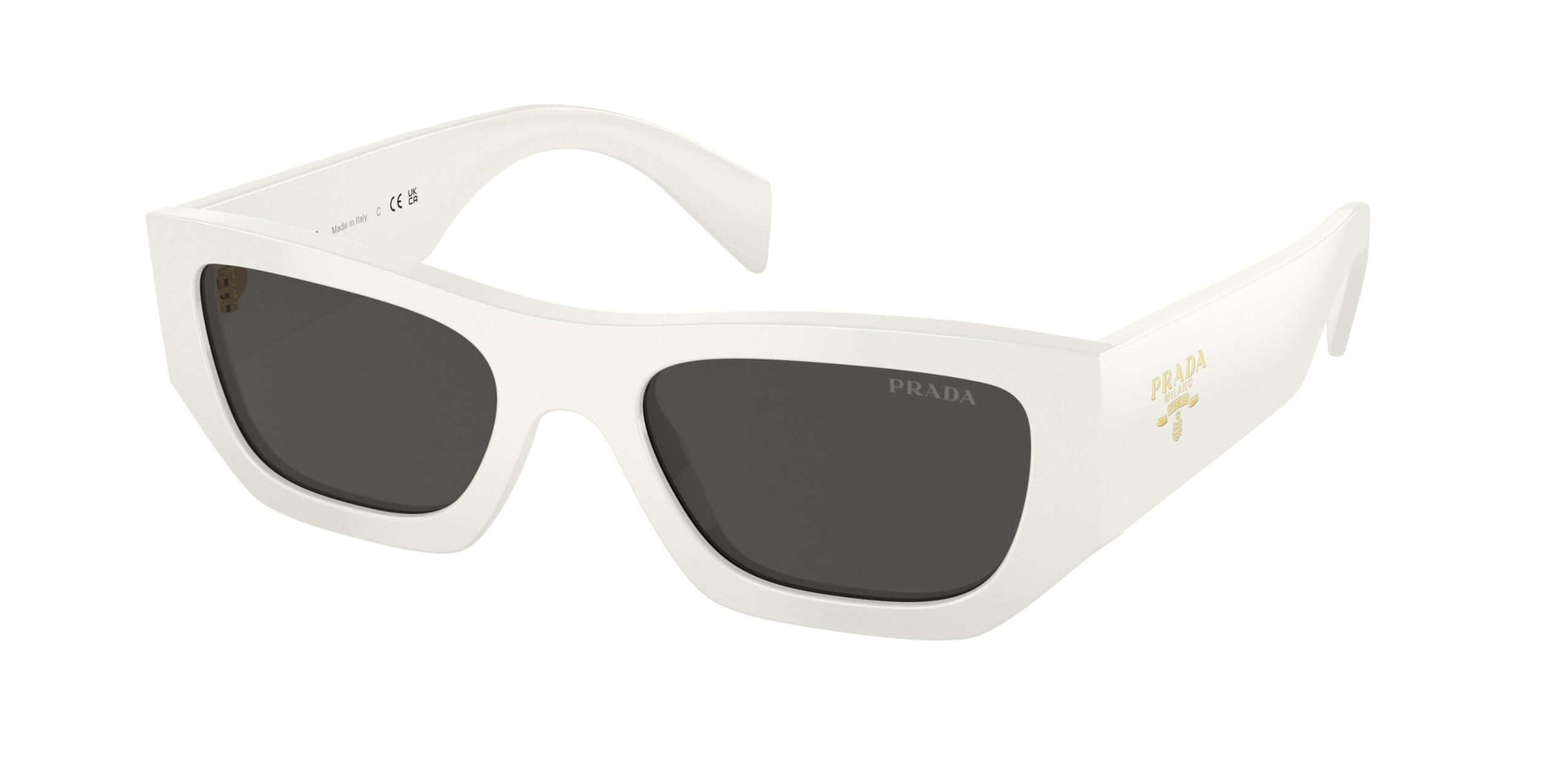 PRADA 0PR A01S white sunglasses with dark lenses and sleek design for stylish summer fashion.
