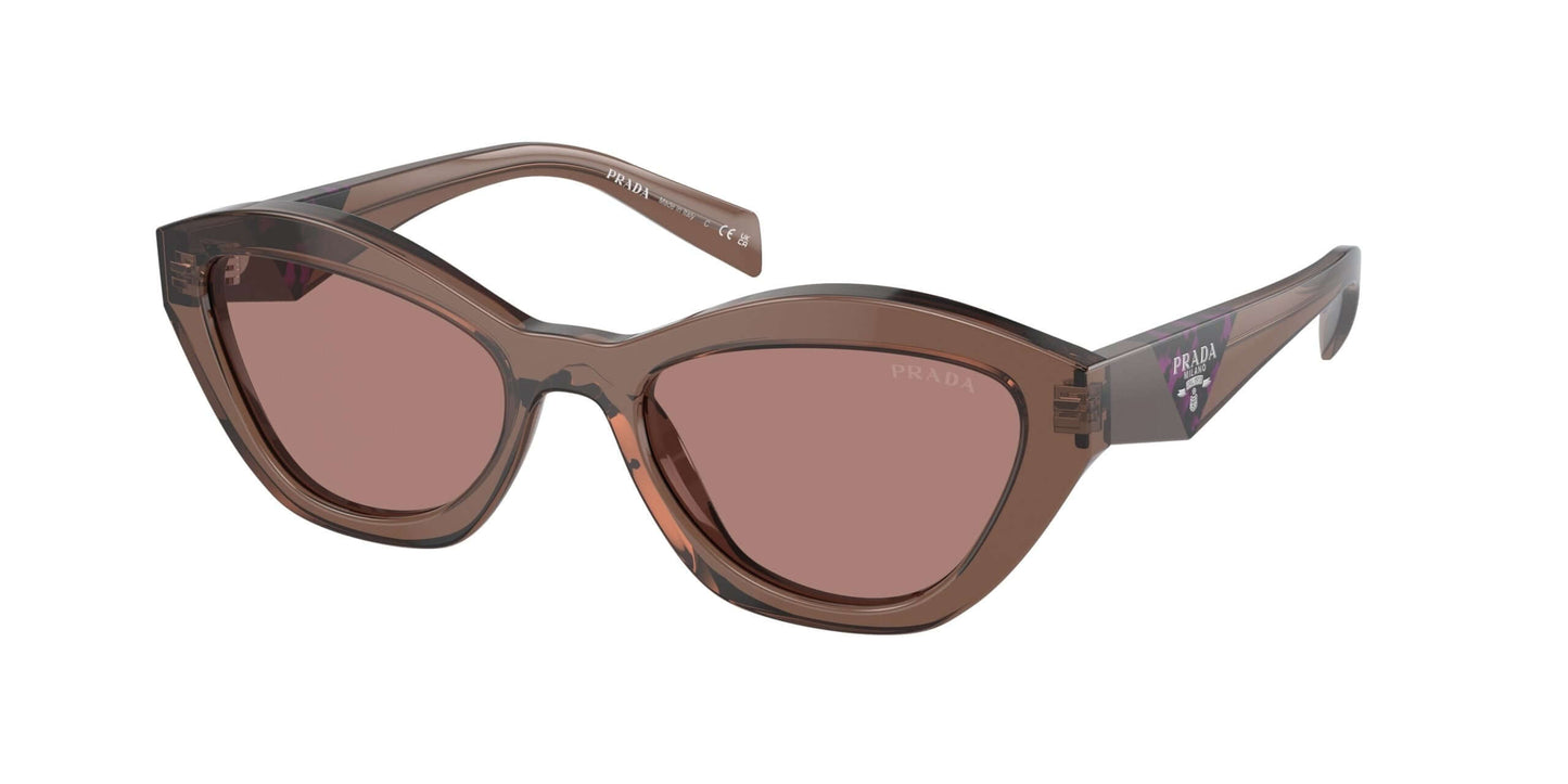 PRADA 0PR A02S sunglasses featuring a stylish cat-eye shape and brown tinted lenses.