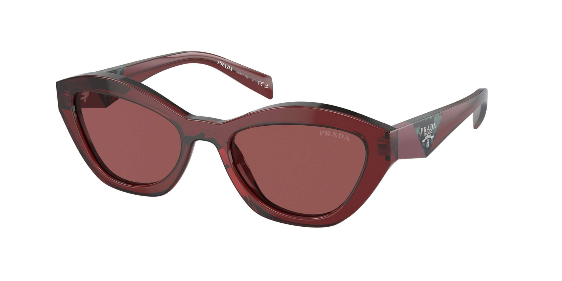 PRADA 0PR A02S sunglasses in dark burgundy, showcasing a stylish cat-eye design with tinted lenses. Perfect for fashion enthusiasts.