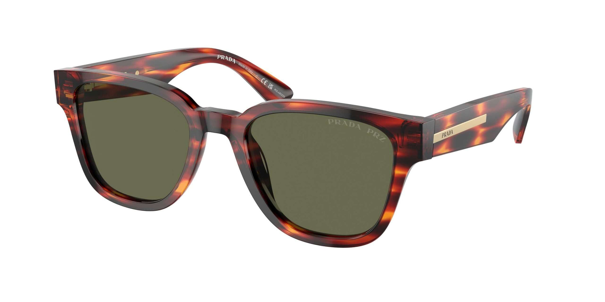 PRADA 0PR A04S sunglasses featuring a stylish tortoiseshell frame and green lenses, ideal for fashionable eyewear.