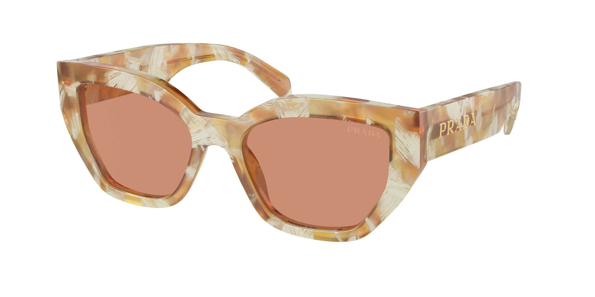 PRADA 0PR A09S sunglasses featuring a stylish cat-eye design with a trendy tortoiseshell pattern and rose-tinted lenses.
