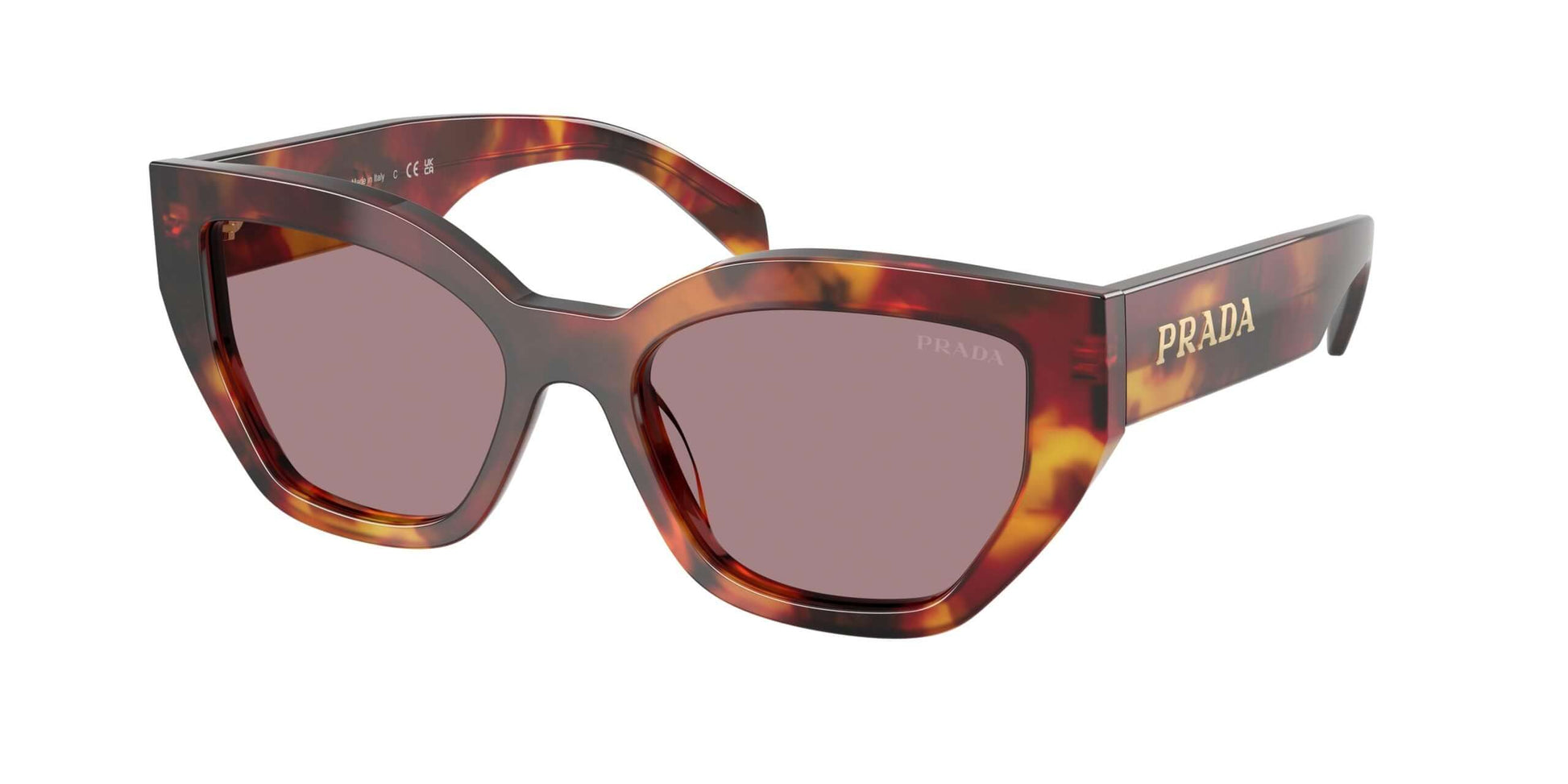 PRADA 0PR A09S sunglasses featuring a stylish tortoiseshell design and oversized cat-eye shape. Fashion accessory in luxury eyewear.