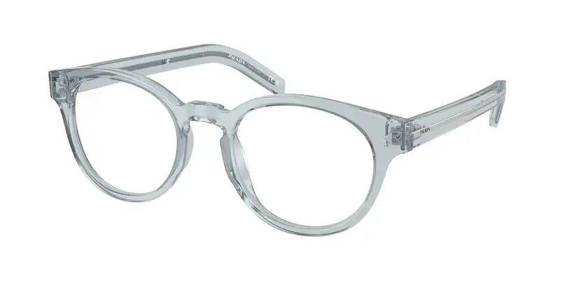 PRADA 0PR A14V transparent eyeglasses featuring a stylish round shape and modern design for a chic look.