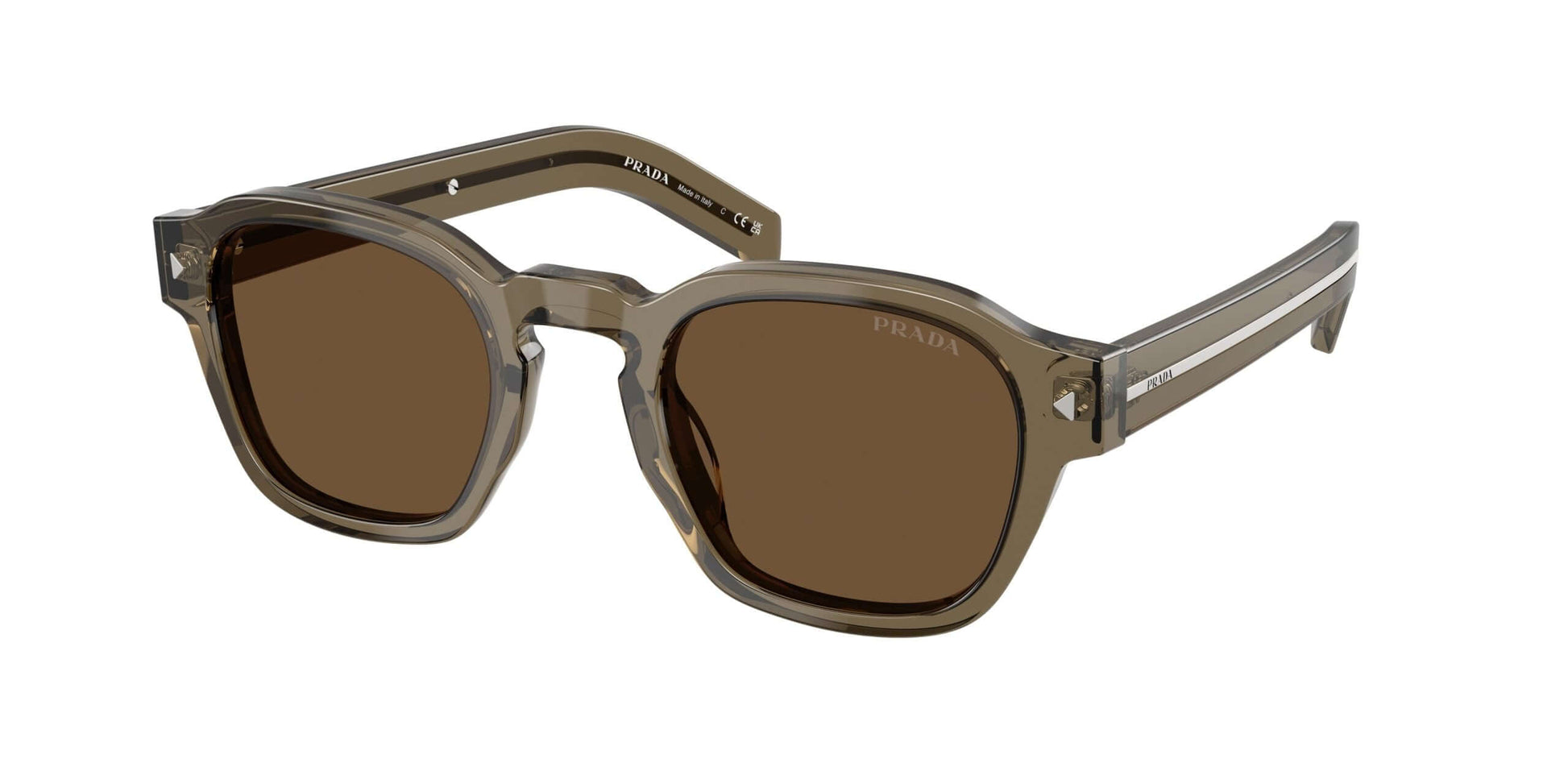PRADA 0PR A16S sunglasses featuring a stylish square frame in olive green with brown lenses.