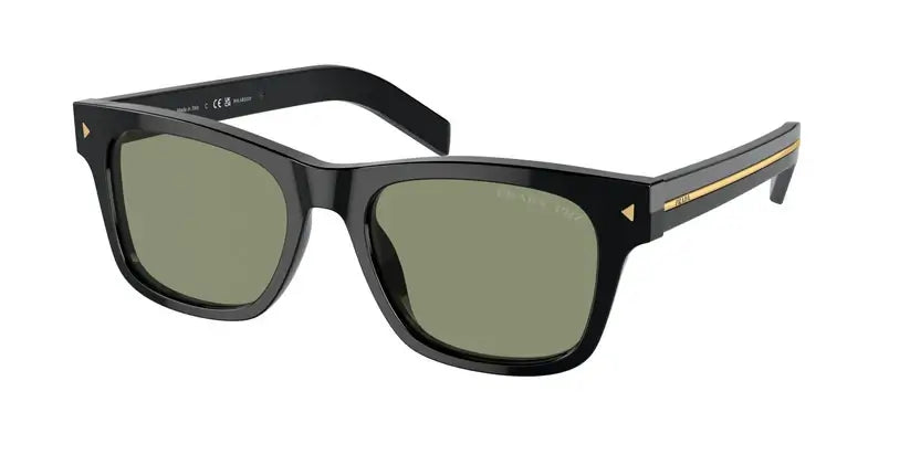 PRADA 0PR A17S sunglasses with black frames and green lenses, stylish eyewear for luxury fashion enthusiasts.