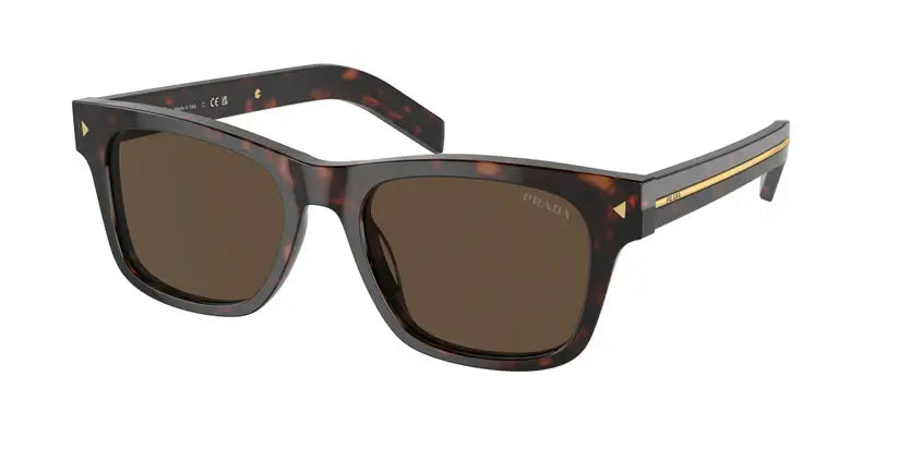 PRADA 0PR A17S sunglasses in brown tortoiseshell with gold accents, featuring a stylish and modern design.