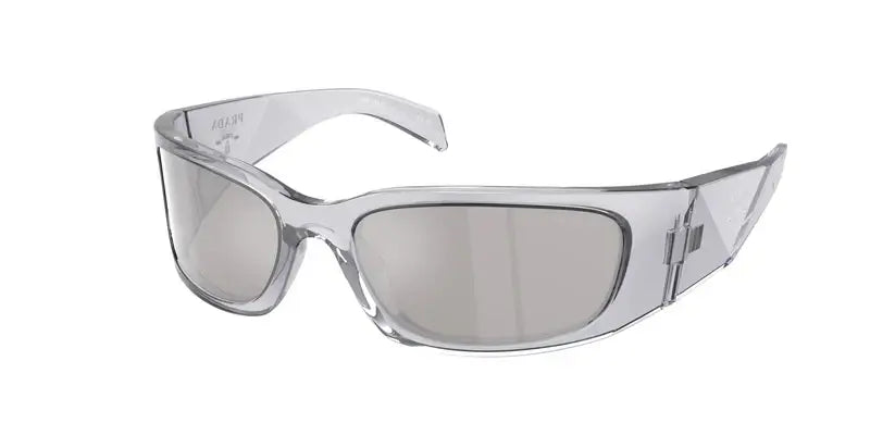 PRADA 0PR A19S stylish sunglasses with clear frames and gray lenses for a modern look.