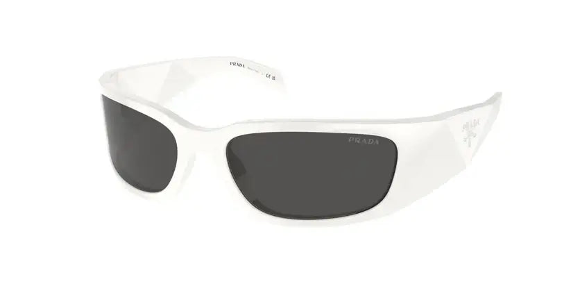 PRADA 0PR A19S stylish white sunglasses with black lenses, perfect for fashion-forward individuals.