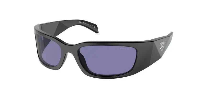 PRADA 0PR A19S stylish black sunglasses with shaded lenses and angular frame design. Perfect for fashion-forward looks.