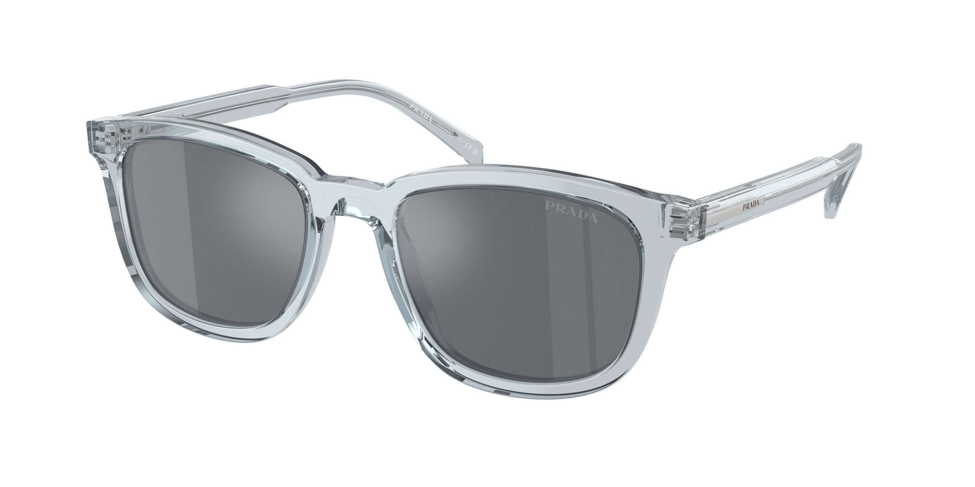 PRADA 0PR A21S sunglasses featuring a clear frame and gray lenses, perfect for stylish eye protection.