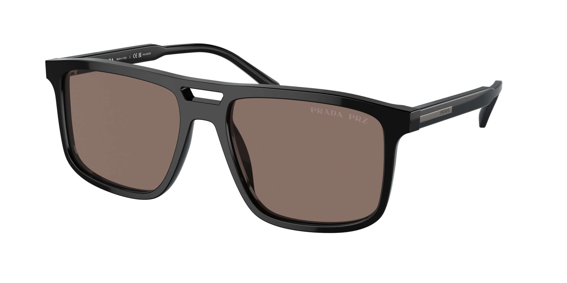 PRADA 0PR A22S sunglasses featuring a sleek black frame and brown lenses, ideal for stylish sun protection.