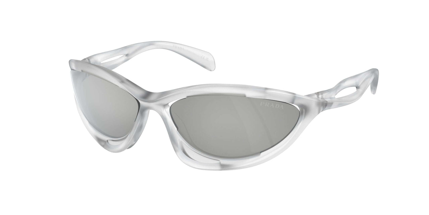 Stylish PRADA 0PR A23S sunglasses with a sleek transparent frame and grey lenses for a modern look.