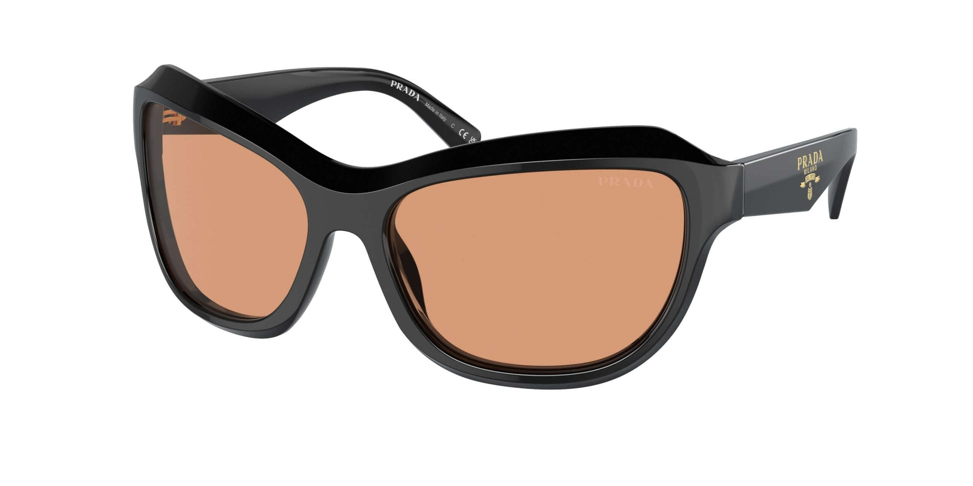 PRADA 0PR A27S sunglasses featuring bold black frames and stylish brown lenses for a chic accessory look.