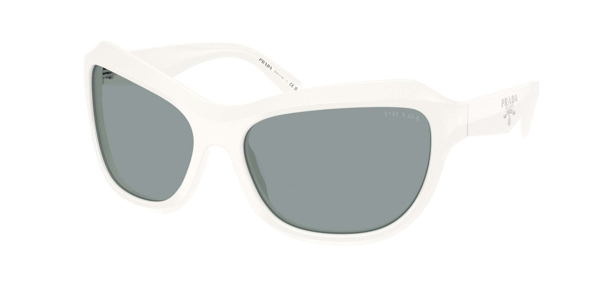 PRADA 0PR A27S stylish white sunglasses with gray lenses, perfect for summer fashion and sun protection.