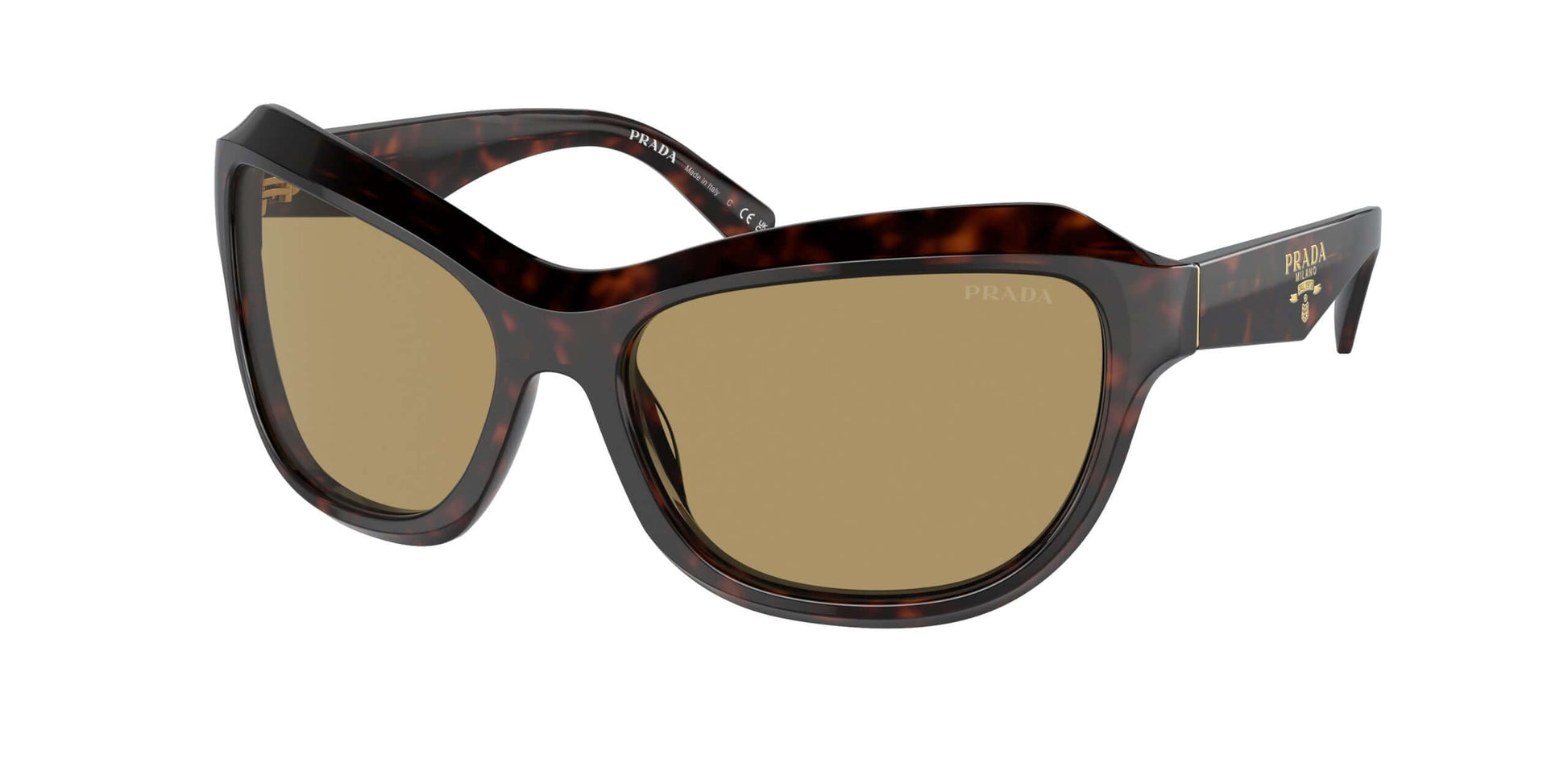 PRADA 0PR A27S sunglasses in tortoiseshell with brown lenses, offering a stylish and sophisticated look.