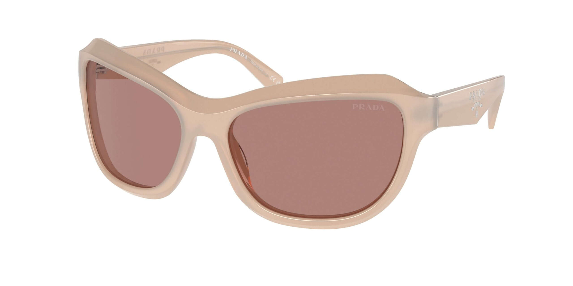 PRADA 0PR A27S stylish sunglasses with brown lenses and a beige frame, perfect for fashion enthusiasts.