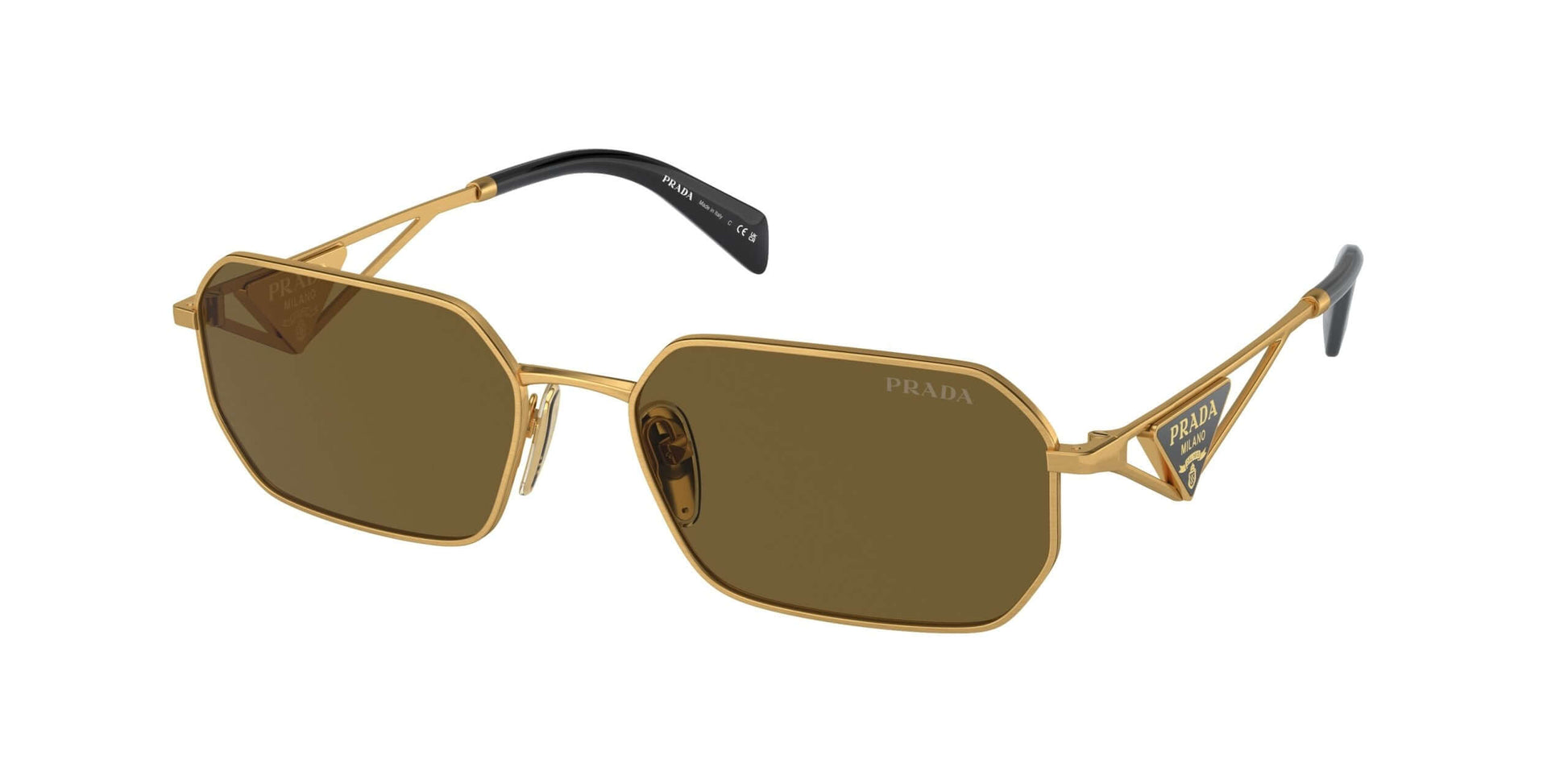 PRADA 0PR A51S sunglasses featuring a gold frame and brown lenses, perfect for stylish UV protection.