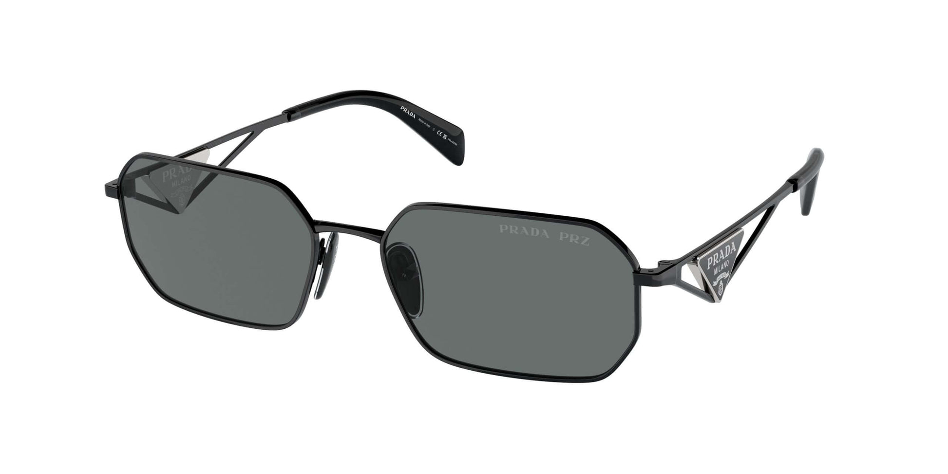 PRADA 0PR A51S stylish black sunglasses with unique octagonal lenses and signature logo. Perfect for a modern look.