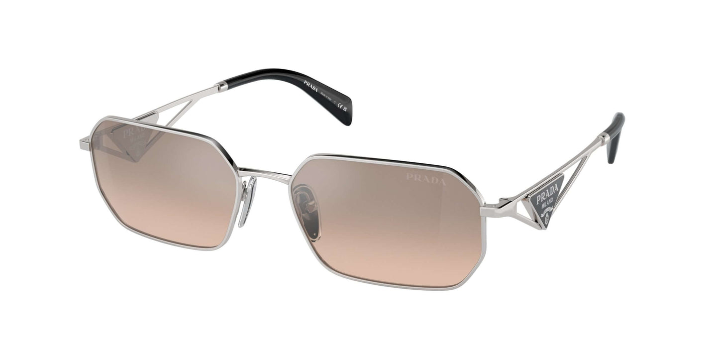 PRADA 0PR A51S stylish silver sunglasses with gradient lenses and a modern geometric design.