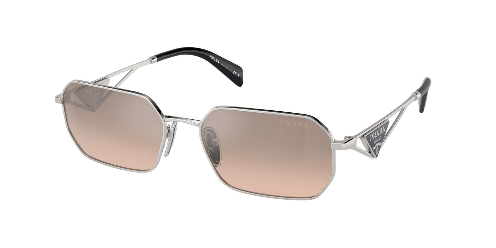 PRADA 0PR A51S stylish silver sunglasses with gradient lenses and a modern geometric design.