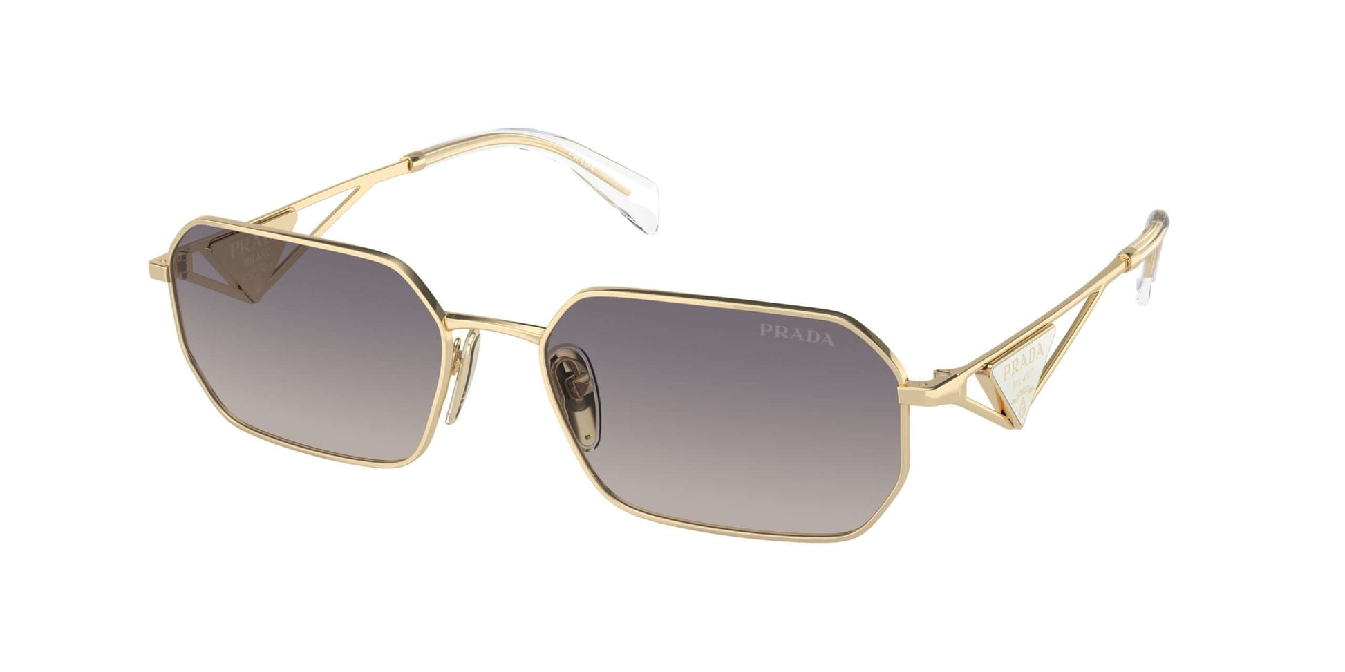 PRADA 0PR A51S stylish gold sunglasses with grey lenses and unique geometric design, perfect for luxury fashion enthusiasts.
