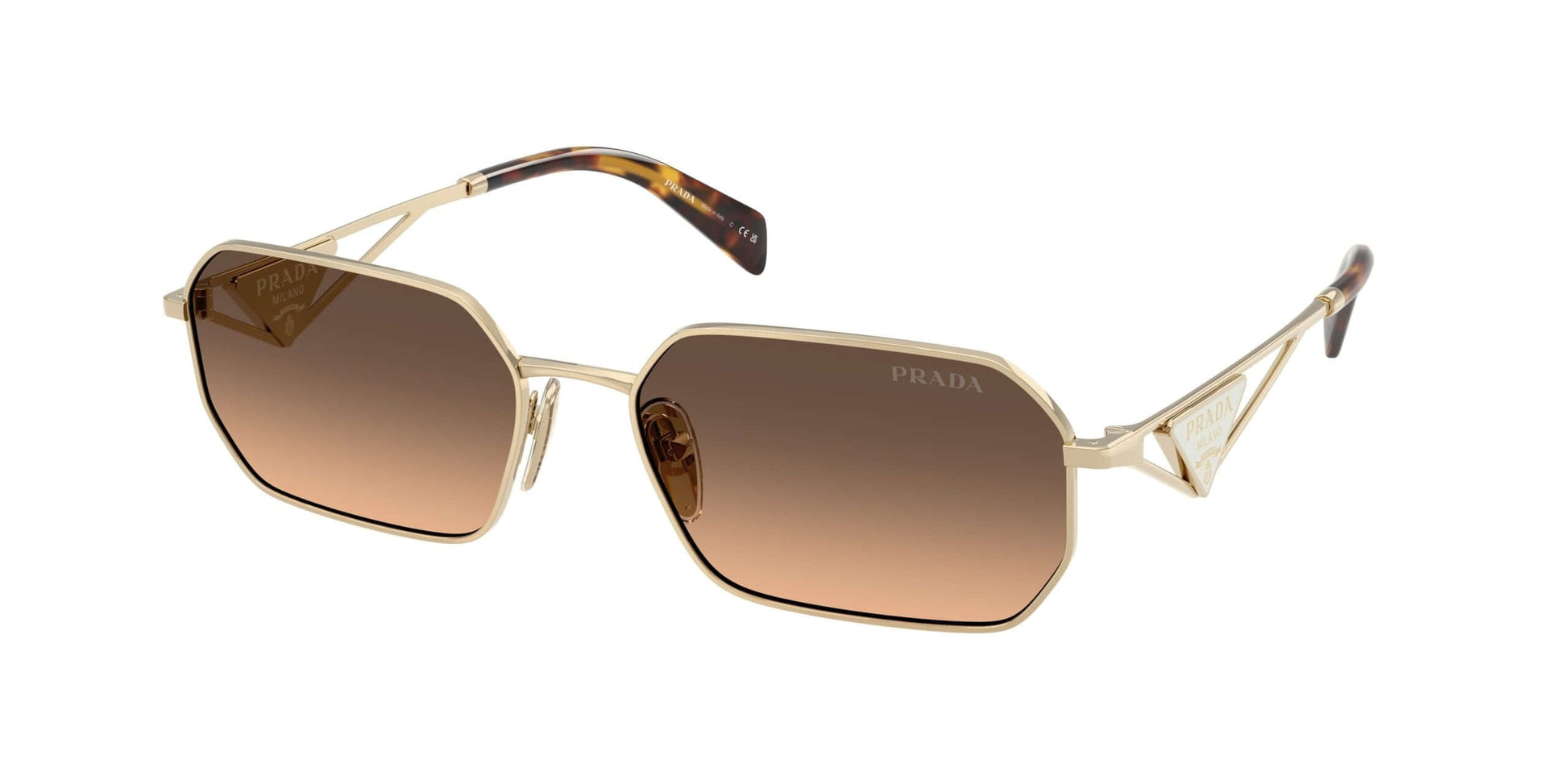 PRADA 0PR A51S sunglasses featuring an elegant octagonal design and gradient lenses in a stylish gold frame.