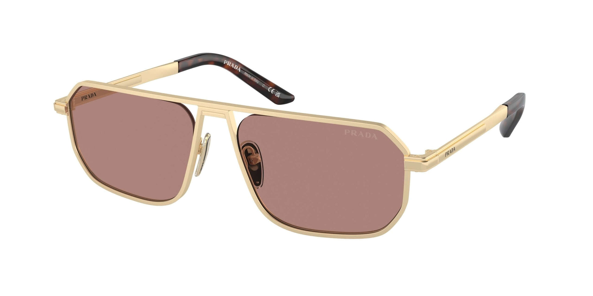 PRADA 0PR A53S sunglasses featuring a stylish gold frame and brown lenses, perfect for fashion-forward eyewear enthusiasts.