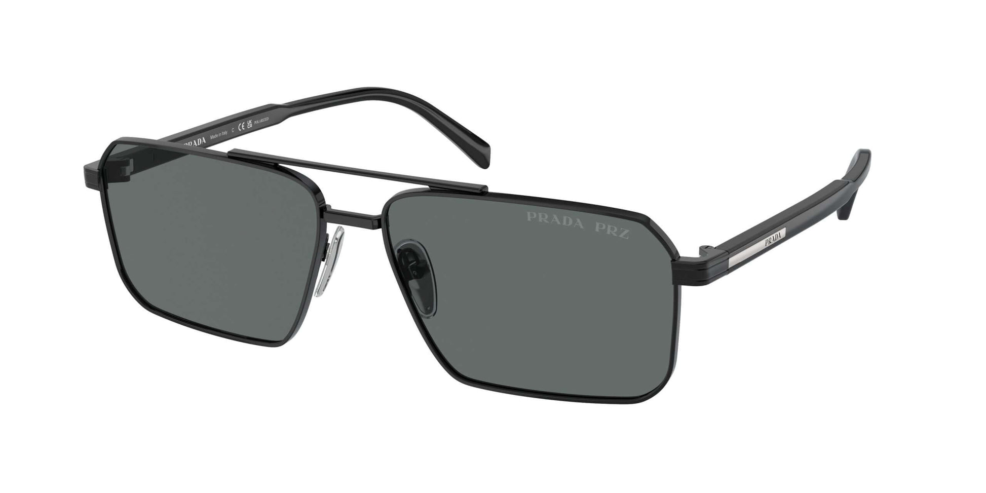 PRADA 0PR A57S sunglasses featuring a sleek black frame and gray lenses, perfect for stylish sun protection.