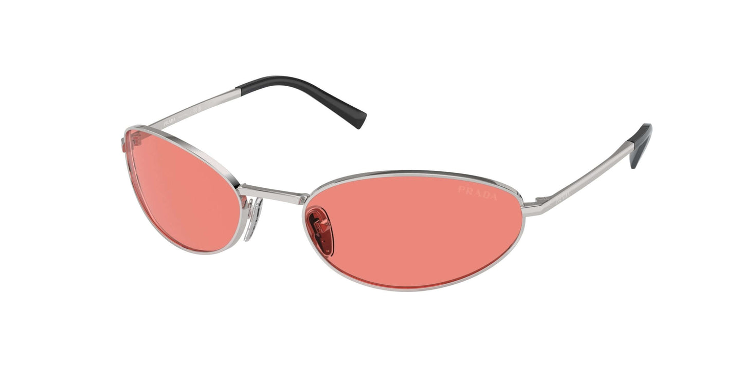 PRADA 0PR A59S sunglasses featuring sleek silver frames and stylish amber lenses for a trendy look.