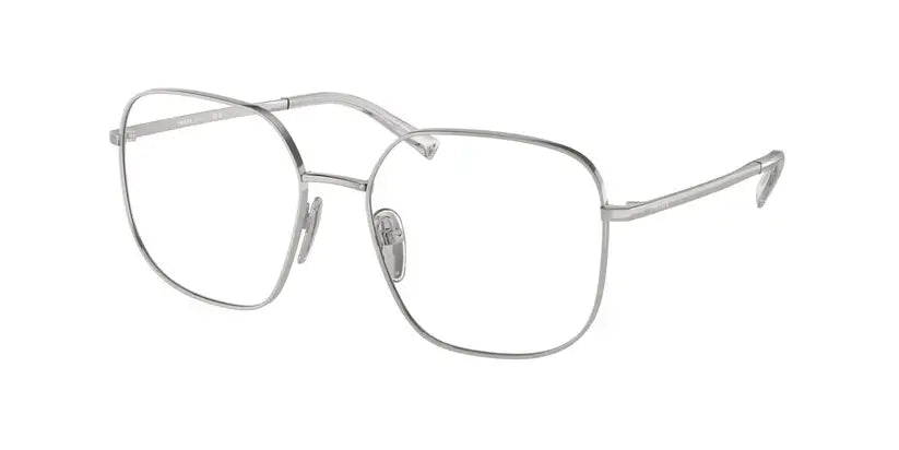 Stylish PRADA 0PR A59V eyeglasses featuring a modern, oversized silver frame design. Perfect for a chic look.