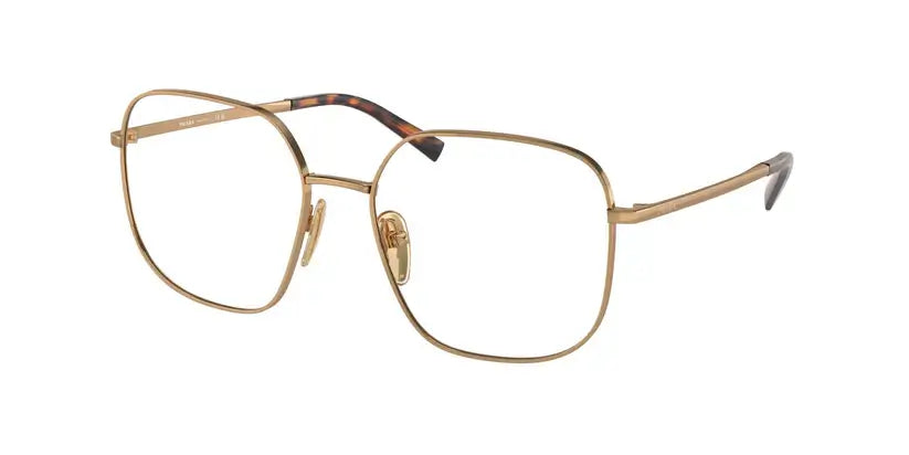 PRADA 0PR A59V stylish gold square eyeglasses with tortoiseshell accents, perfect for modern fashion enthusiasts.