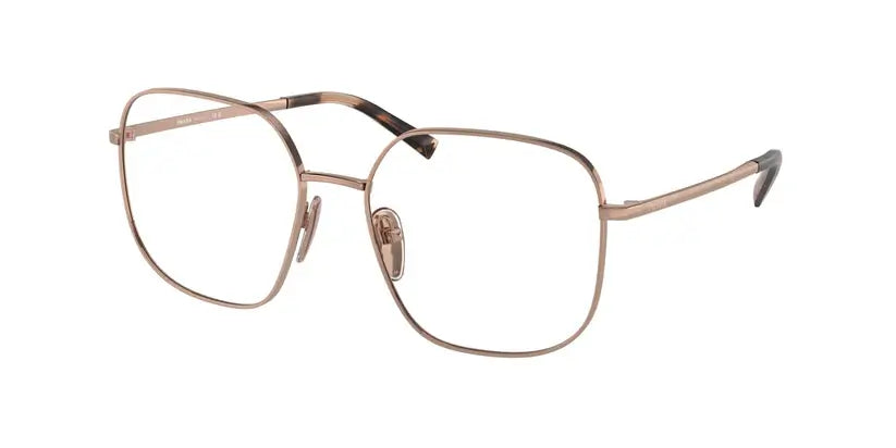 PRADA 0PR A59V eyeglasses featuring a sleek square frame in rose gold color, stylish and sophisticated design.