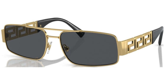 Gold framed sunglasses with black accents, featuring a stylish geometric design for a modern look.