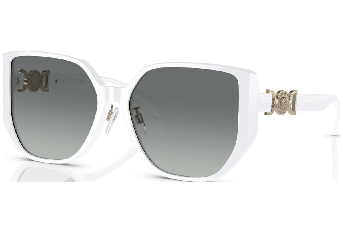 Versace 0VE4449D white oversized sunglasses with gradient lenses and gold logo detail, stylish UV protection eyewear.