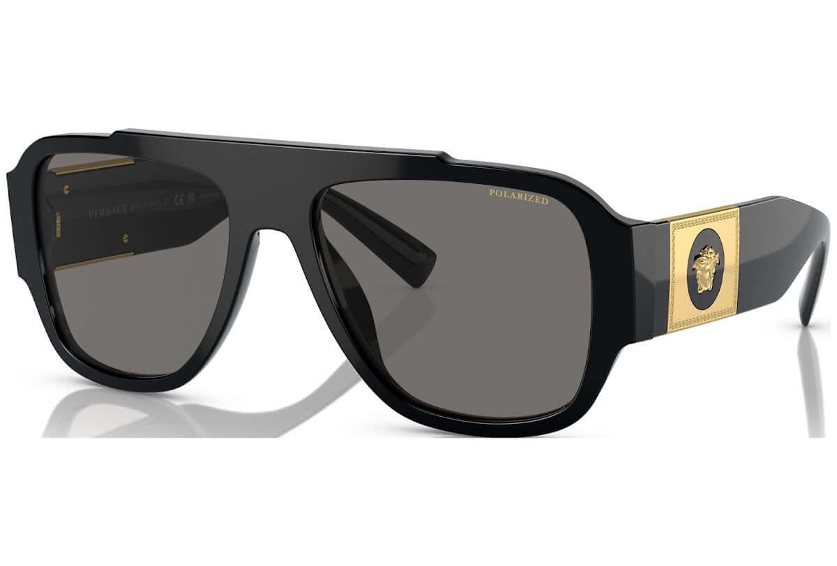 Versace 0VE4436U sunglasses in black with polarized lenses and gold logo accent on the side. Stylish and luxurious eyewear.