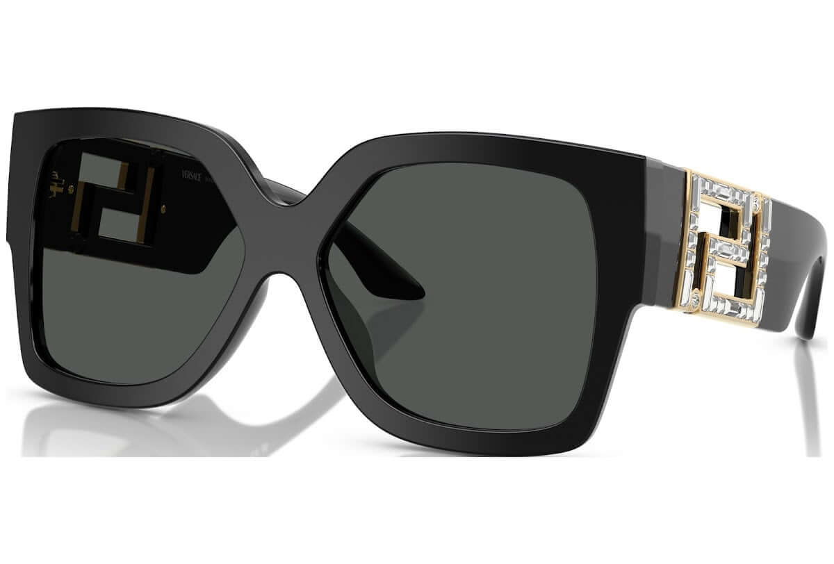 Versace 0VE4402 sunglasses, stylish black oversized frame with gold accents and green lenses, perfect for a chic look.