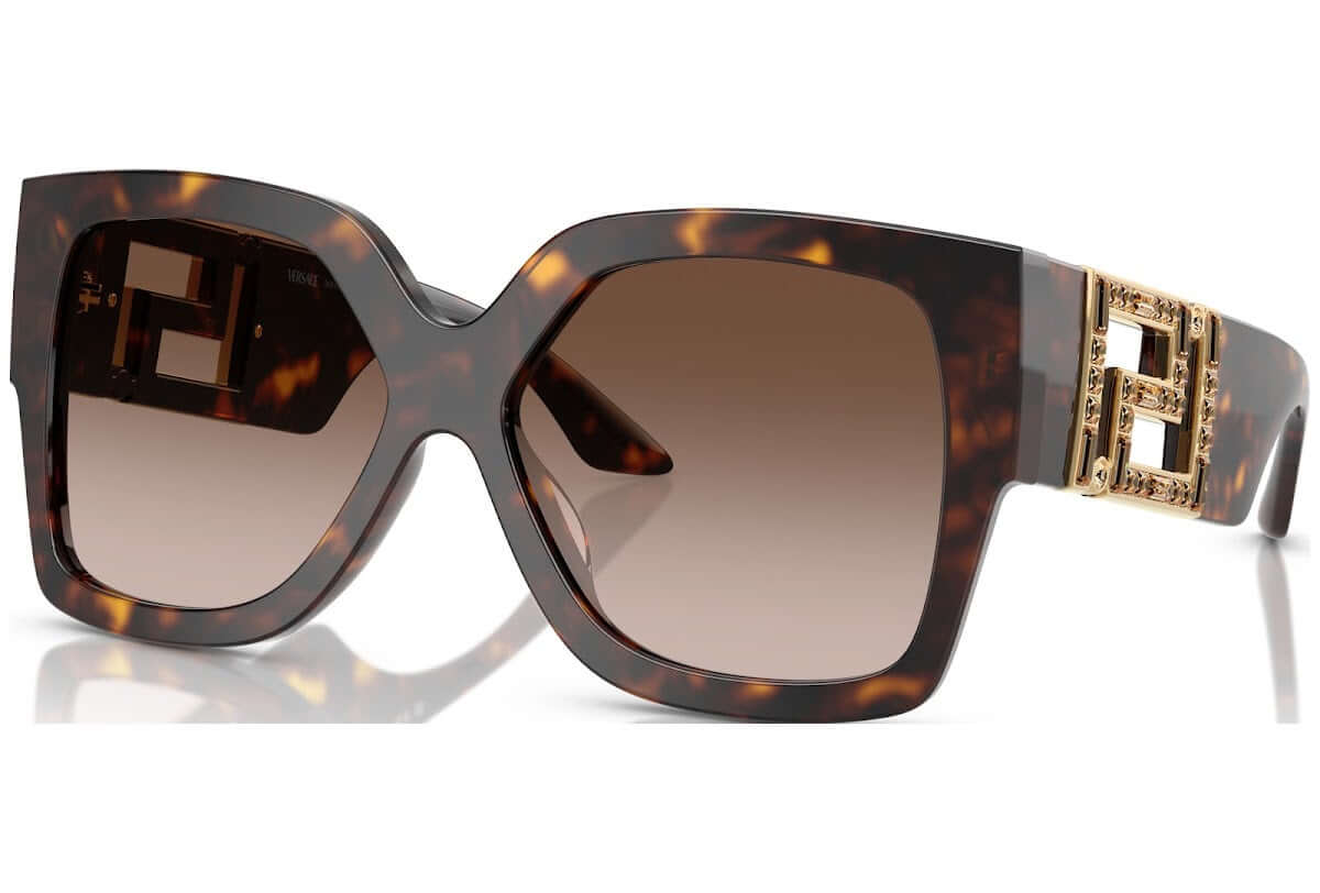 Versace 0VE4402 oversized sunglasses with tortoiseshell frame and gold logo accent, stylish and luxurious eyewear.