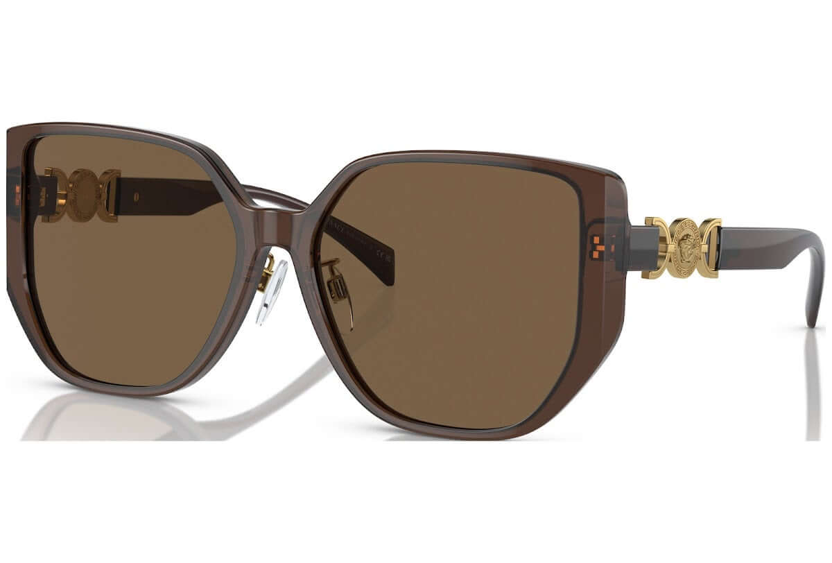Versace 0VE4449D oversized sunglasses with brown lenses and gold detailing, stylish accessory for fashion enthusiasts.