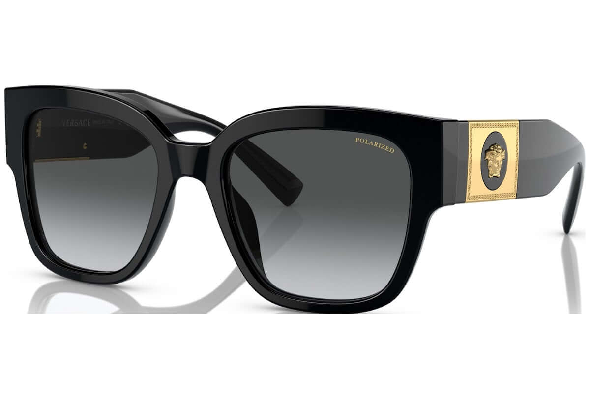 Versace 0VE4437U black oversized sunglasses with polarized lenses and iconic gold emblem detail.