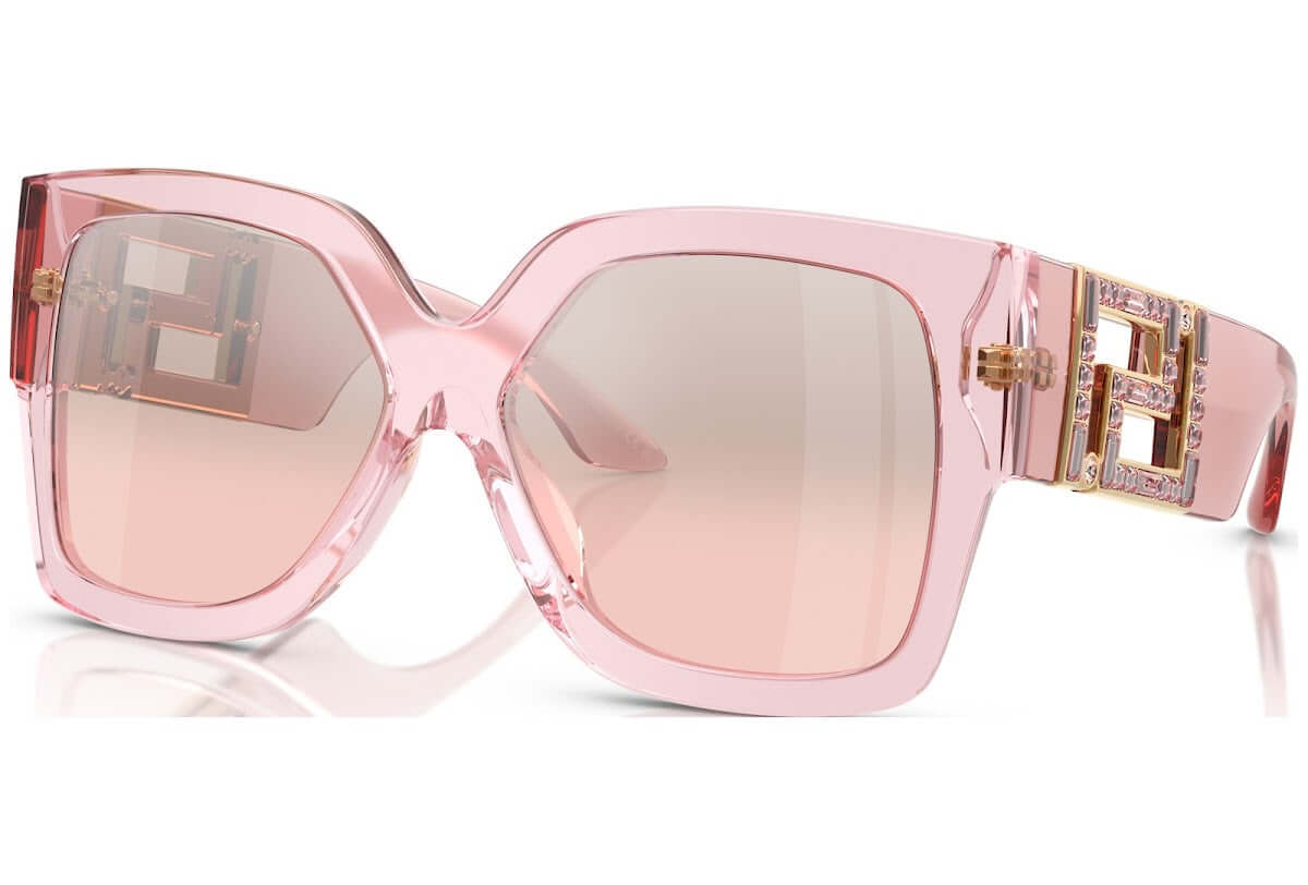 Versace 0VE4402 pink oversized sunglasses featuring a luxurious gold logo detail. Stylish and trendy eyewear for fashion lovers.