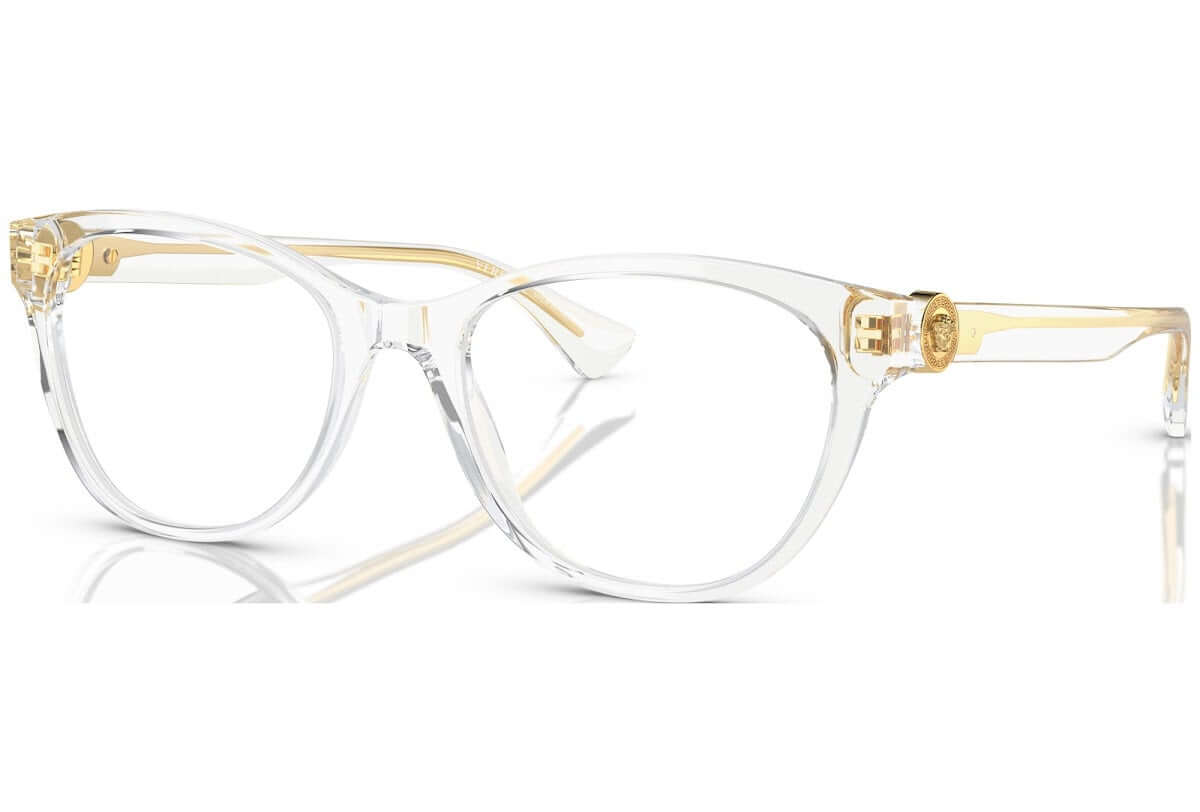 Versace 0VE3330 clear glasses with gold accents, stylish eyewear for a sophisticated look.