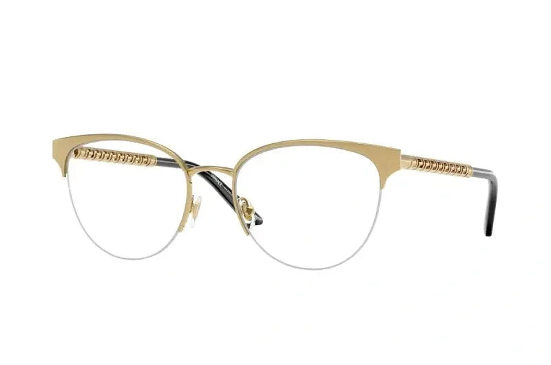 Versace 0VE1297 stylish cat-eye glasses with gold accents and transparent lenses for a chic look.