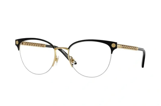 Versace 0VE1297 cat-eye glasses with black frames and gold accents, combining elegance and modern style.