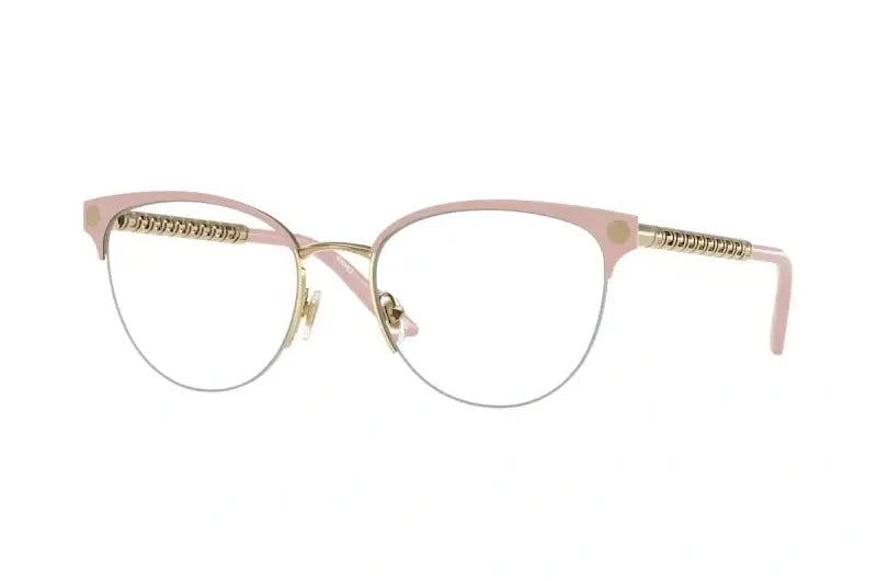Versace 0VE1297 stylish pink and gold cat-eye glasses with elegant design and thin frames. Ideal for fashion-forward individuals.