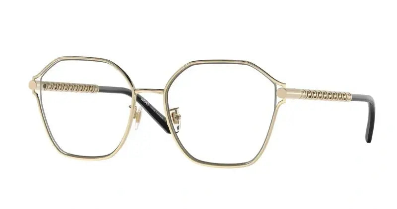 Versace 0VE1299D gold hexagonal glasses with unique textured arms and clear lenses, stylish eyewear for modern fashion.