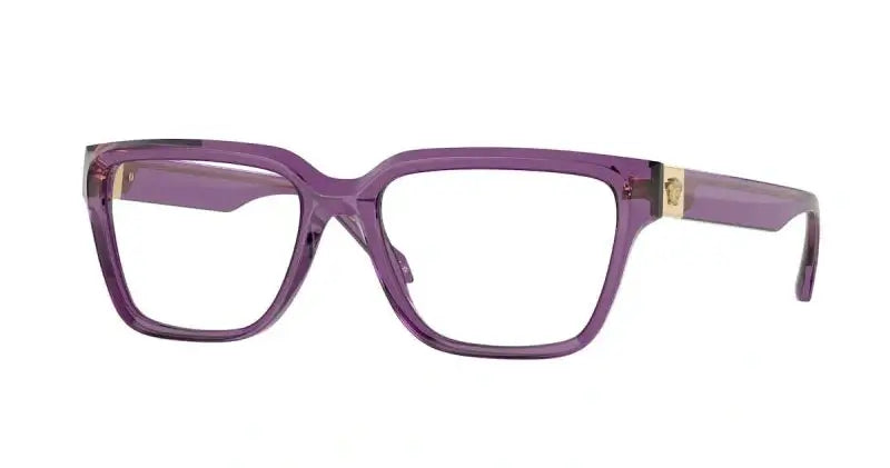 VERSACE 0VE3357 purple eyeglasses with elegant design and stylish gold accents, perfect for fashion-forward individuals.