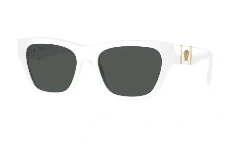 Stylish Versace 0VE4457 white sunglasses with black lenses and signature logo. Perfect for trendy fashion statements.