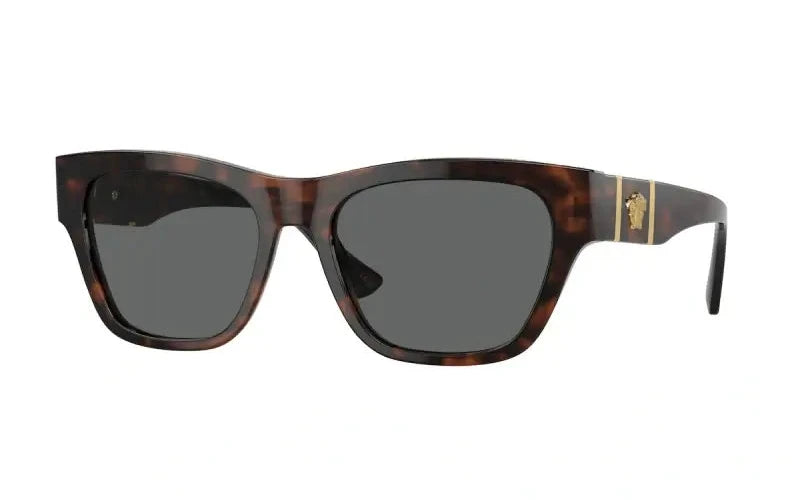 Versace 0VE4457 tortoiseshell sunglasses with gray lenses and gold logo accent on the arm.