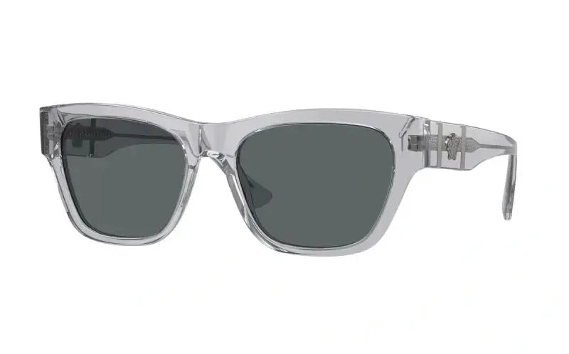 Versace 0VE4457 sunglasses featuring a clear frame and dark lenses, perfect for stylish UV protection.
