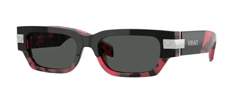 Versace 0VE4465 sunglasses in black and pink tortoiseshell pattern with dark lenses and logo detailing.